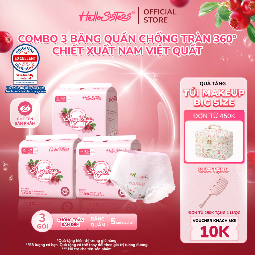 Combo 3 Gói Băng Vệ Sinh Quần HelloSisters Cranberry Care Nam Việt Quất Kháng Khuẩn, Ôm Form, Siêu Thấm Chống Tràn