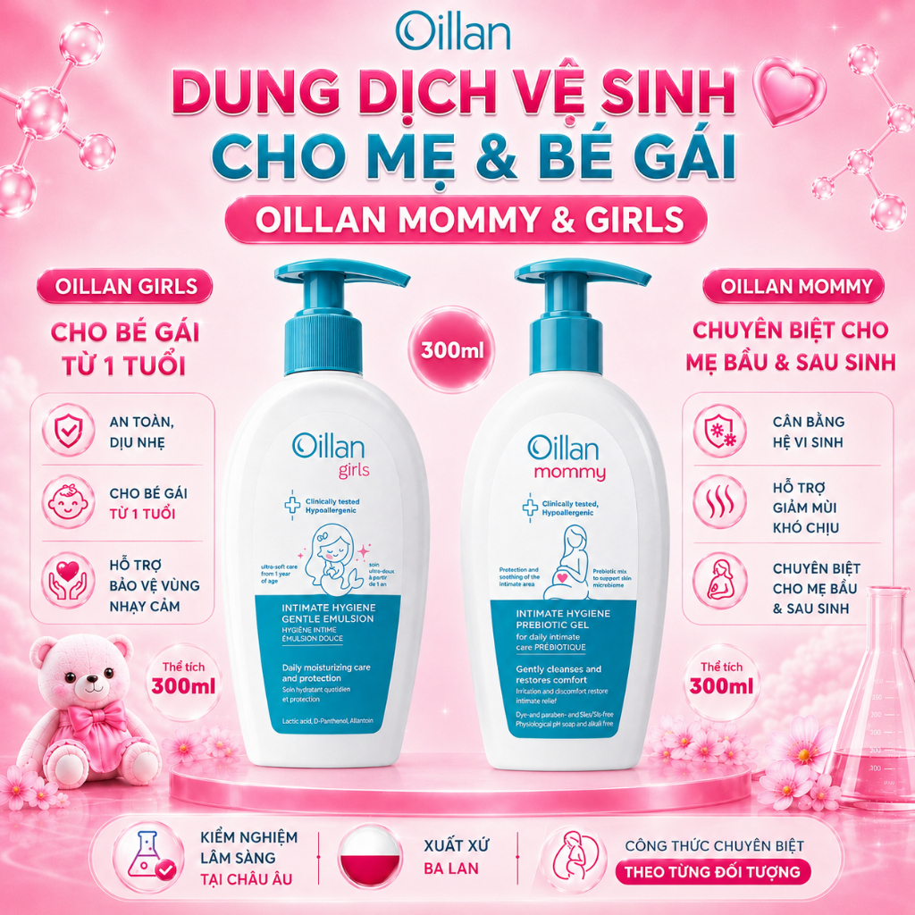 [COMBO MẸ & BÉ] Dung Dịch Vệ Sinh Cho Mẹ Bầu & Sau Sinh OILLAN MOMMY và Bé Gái OILLAN GIRL 300ml - Bảo Vệ Mẹ Nâng Niu Bé