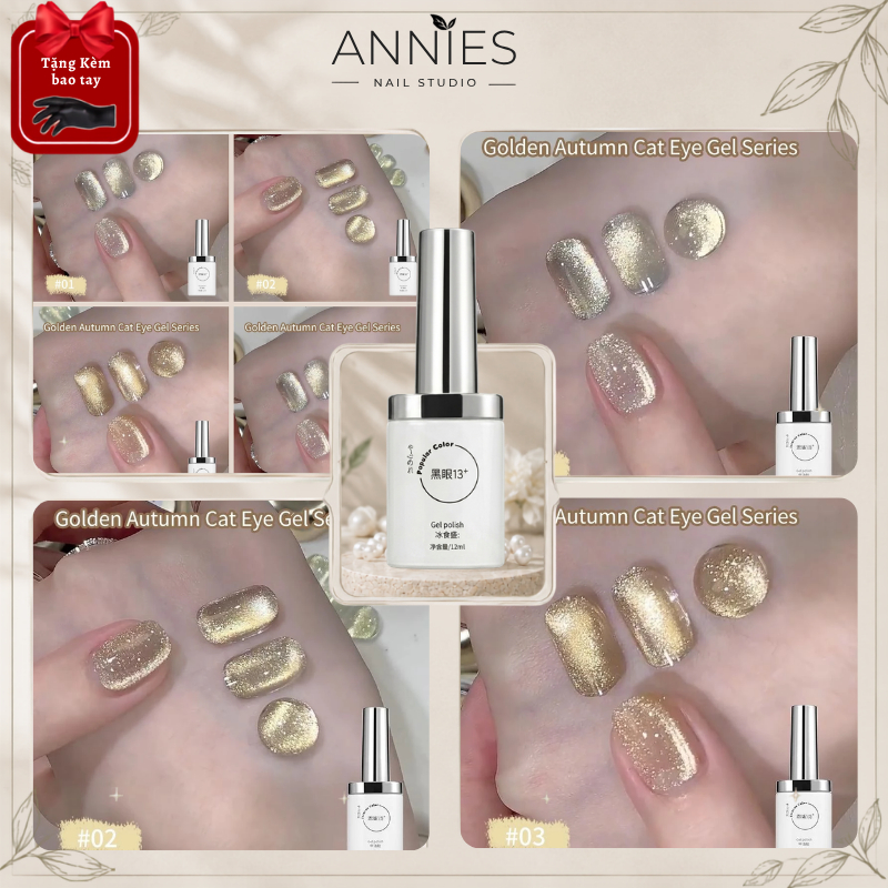 ANNIES Gel Mắt Mèo Màu Vàng Mùa Thu Lấp Lánh – Bộ 3 Màu  – Hiệu Ứng Gương – Cần Đèn Làm Khô