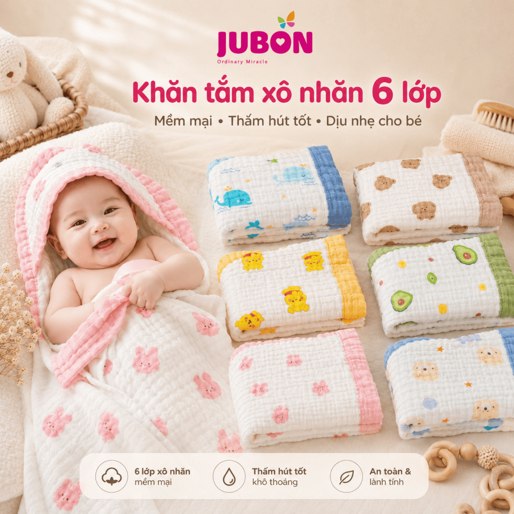 ( Chọn Mẫu) Khăn tắm xô nhăn 6 lớp Jubon đa năng  thấm hút tốt, mềm mại cho da bé