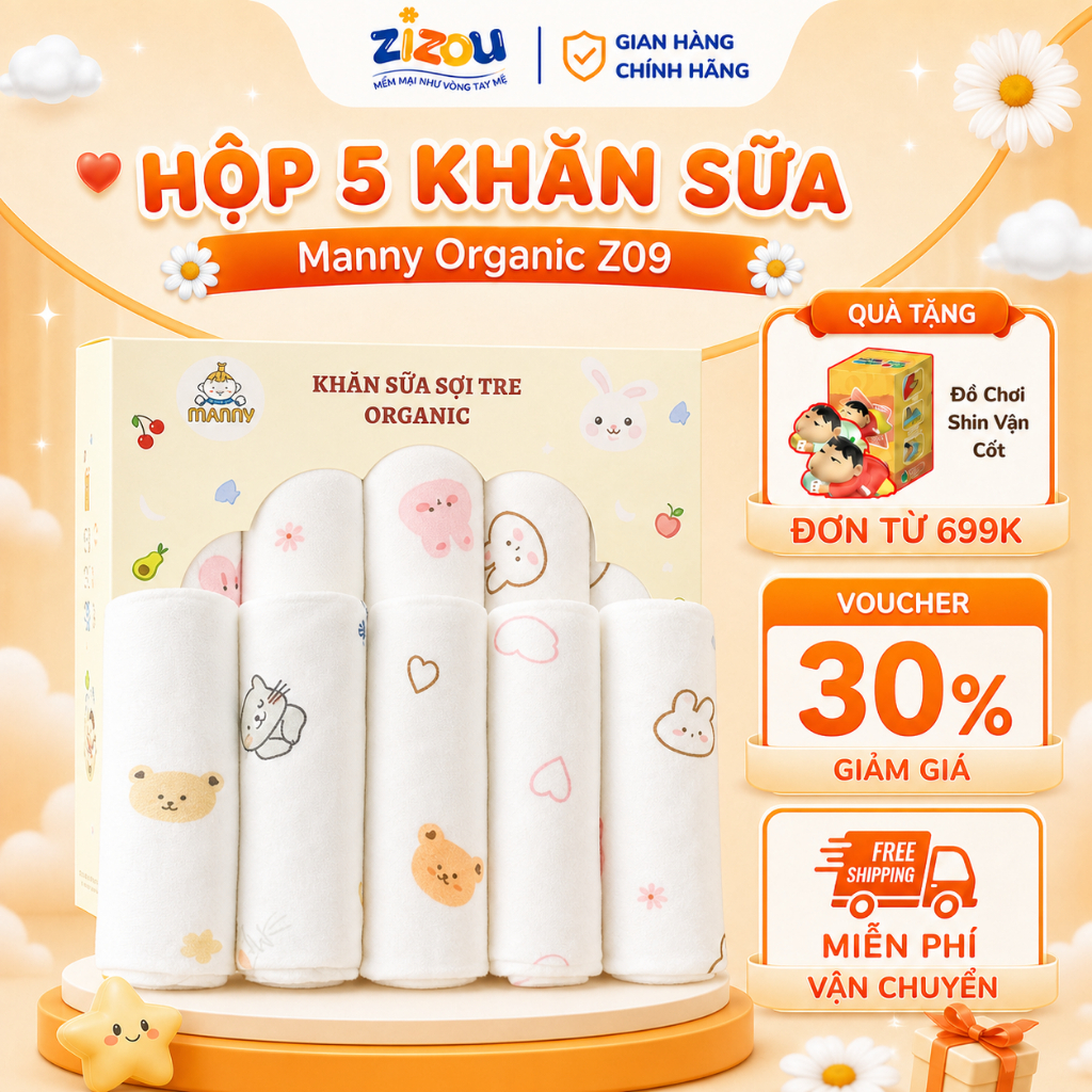 Hộp 5 Khăn Sữa Sợi Tre Manny Organic Zizou Z09 Mềm Mịn 4 Lớp 30x30cm Thấm Hút Cho Bé