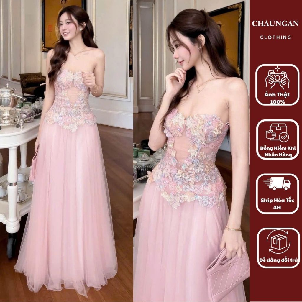 Đầm Dáng Dài Đính Hoa Nổi Cúp Ngực Corset Siết Eo Dự Tiệc Cưới Sang Trọng Công Chúa