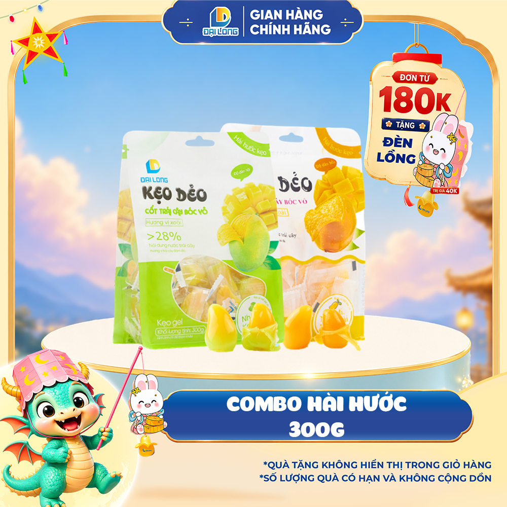 COMBO HÀI HƯỚC Đại Long trung thu gồm 2 gói kẹo dẻo bóc vỏ vị xoài xanh, xoài chín vừa ăn vừa chơi
