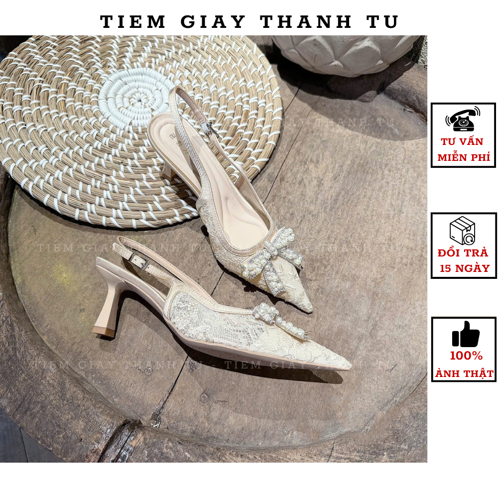 H9836-1 Giày cao gót nữ slingback mũi nhọn phối ren đính ngọc sang trọng, sandal gót nhọn đính nơ đá hàng QC Fullbox
