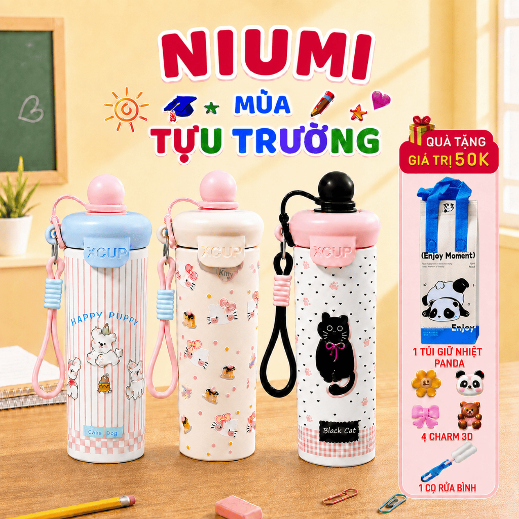 Bình giữ nhiệt XCUP NIUMI ống hút mới, INOX 316, dung tích 600ml, màu gradient dành cho học sinh, sinh viên