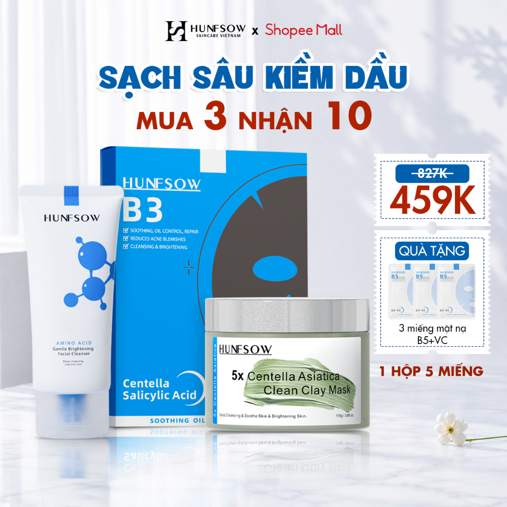 Combo Hunfsow 3 Bước Chăm Da Làm Sạch Sâu, Giảm Dầu, Dưỡng Sáng, Làm Dịu Da