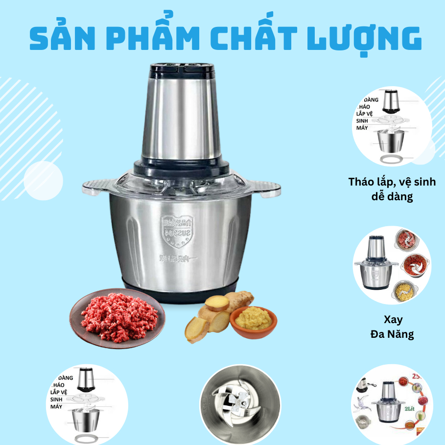 Máy Xay Thịt Inox - Máy Xay Đa Năng Công Nghệ Cao, Công Suất 250w Cối Inox304, 4 Lưỡi Dao Sắc Bén | Việt Nam