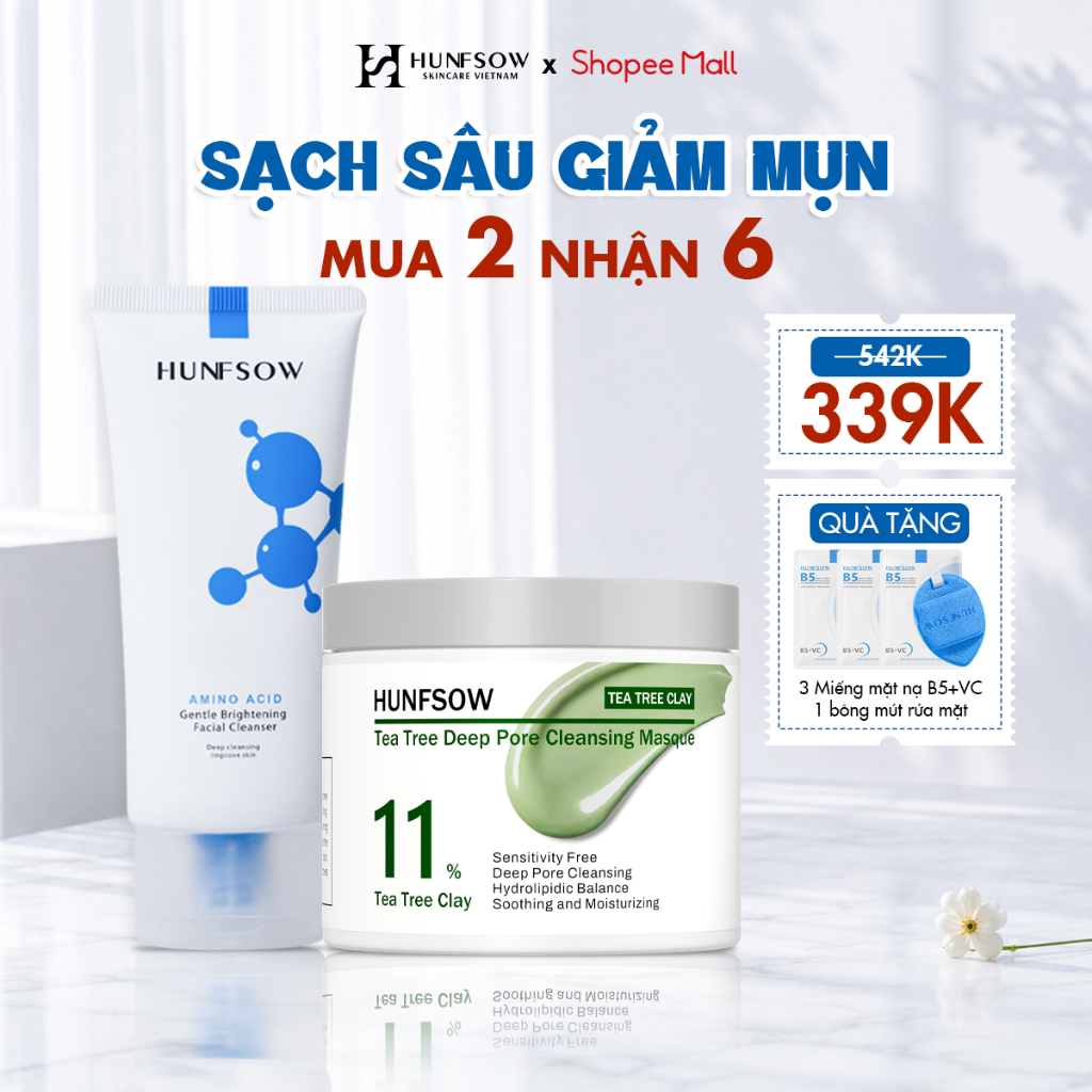 Combo Sữa Rửa Mặt & Mặt Nạ Đất Sét Tràm Trà Hunfsow Làm Sạch Kiểm Soát Dầu Mụn Tặng Bông Rửa Mặt