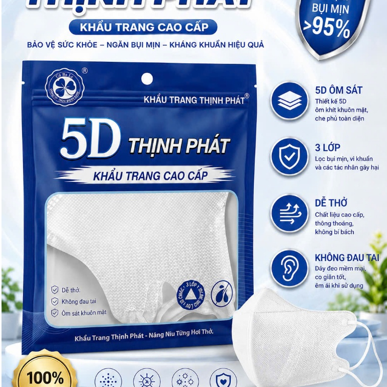 SÉT 100 CHIẾC KHẨU TRANG 5D KHÁNG KHUẨN THỊNH PHÁT NHIỀU MÀU HÀNG CÔNG TY BAO BÌ MỚI