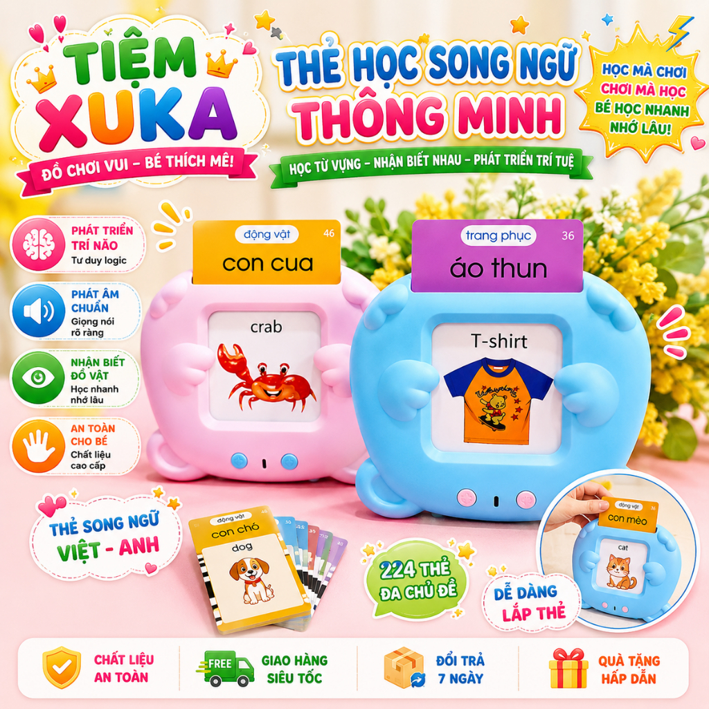 Máy Đọc Thẻ Flashcard Anh-Việt 3 Chế Độ Đọc: Song Ngữ Anh-Việt, Tiếng Anh, Tiếng Việt Kèm Phát Nhạc
