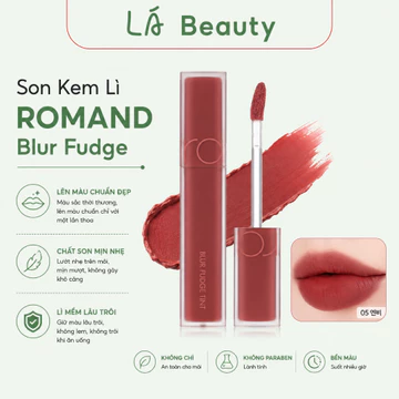 Son Kem Lì Romand Blur Fudge Tint 03 Musky – Đỏ Nâu Đất Mịn Môi, Hiệu Ứng Blur Hàn Quốc LÁ Beauty