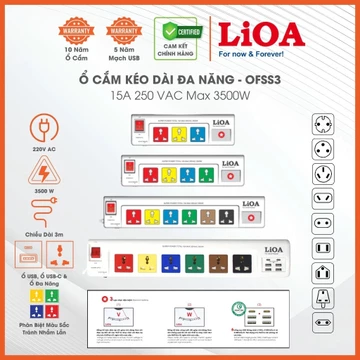 LiOA Ổ Cắm Kéo Dài Trung Tâm. Loại Ổ Cắm Đa Năng Kết Hợp Cùng Ổ USB Hoặc Đồng Hồ Báo Điện Áp Hoặc Vol. Max 3500W