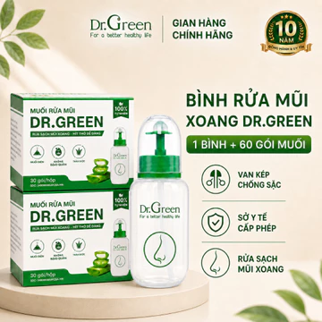 Bình Rửa Mũi Van Kép Chống Sặc Dr Green Rửa sạch dịch mũi, bụi mịn Cho Người Lớn Và Trẻ Em (1 Bình + 60 gói muối)