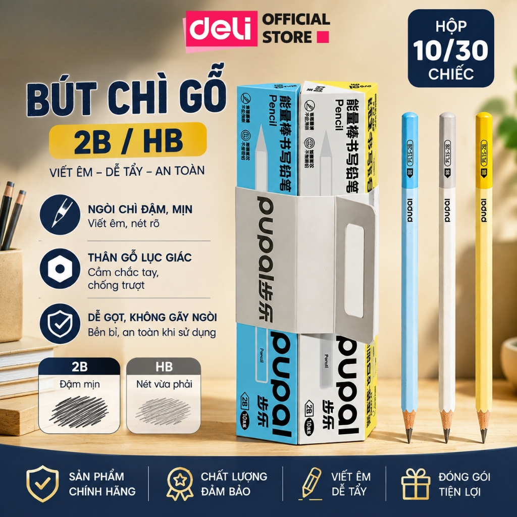 [🔥NEW] Hộp 10/30 Bút Chì Gỗ Deli Pupal PL15 HB/2B Thân Lục Giác Chống Trơn, Viết Mượt Cho Học Sinh