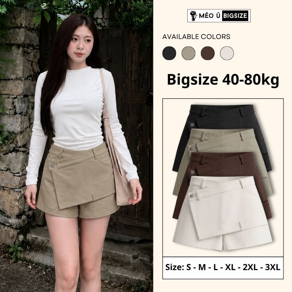 Quần short nữ BIGSIZE Mèo Ú dáng chữ A cạp cao vạt chéo đính khuy tôn dáng phong cách Hàn Quốc 683