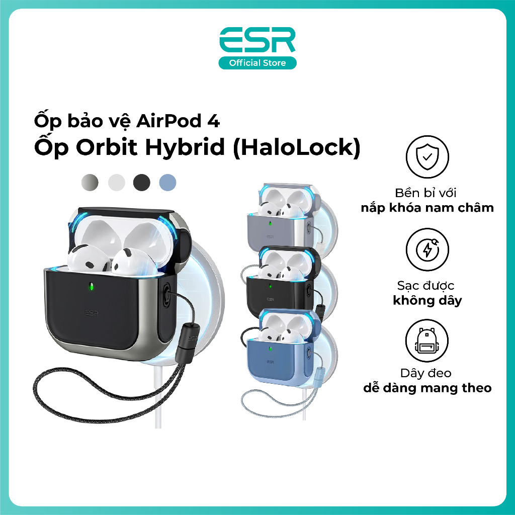 Ốp bảo vệ AirPod 4 ESR Orbit Hybrid Case chống sốc va đập hỗ trợ sạc không dây có dây đeo tay nắp khóa nam châm