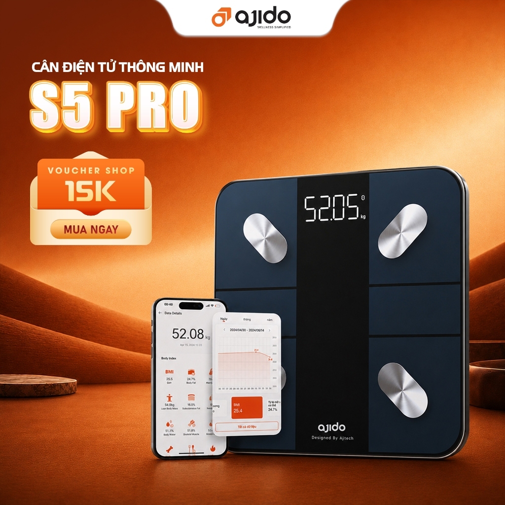 Cân Điện Tử Sức Khỏe Thông Minh AJIDO S5 PRO Phân Tích Inbody Đo 20 Chỉ Số Cơ Thể Kết Nối Bluetooth Với App Ajido Health