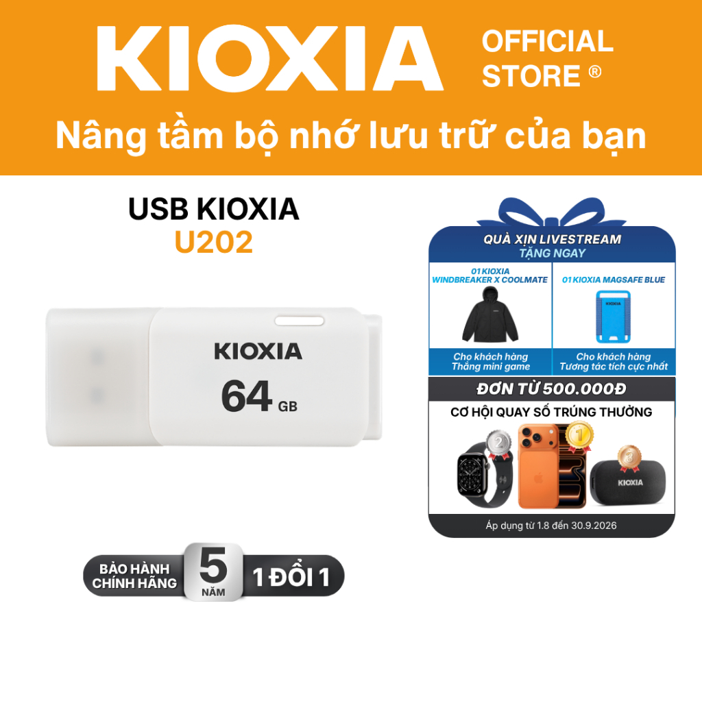 USB 2.0 KIOXIA TransMemory U202 32GB/64GB upto 100MB/s Trắng  - Bảo hành 5 năm