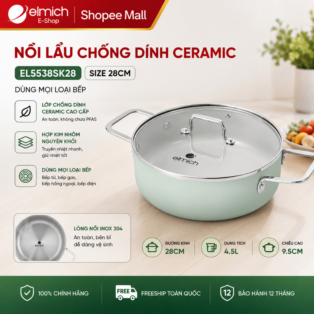 Nồi lẩu chống dính Ceramic Elmich EDA2520 size 28cm dùng mọi loại bếp | BigBuy360 - bigbuy360.vn