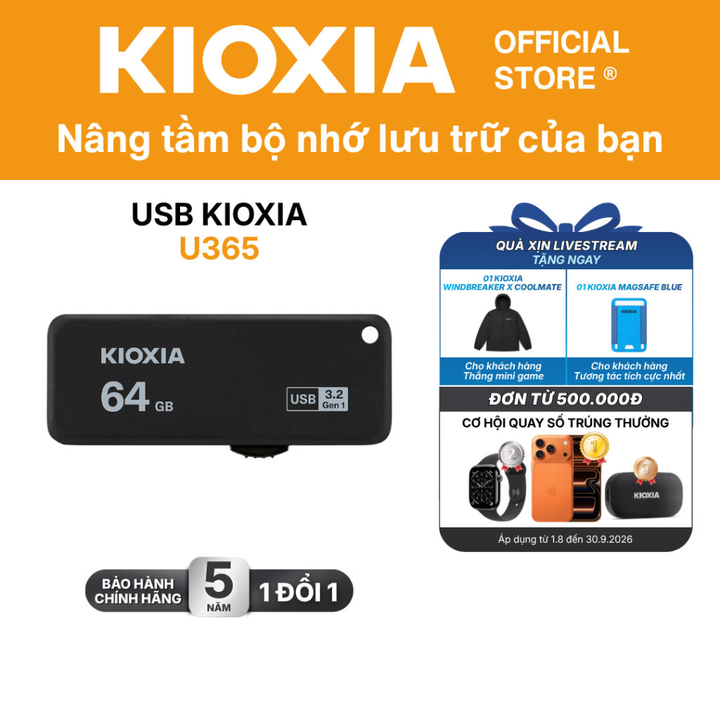 USB 3.2 KIOXIA TransMemory U365 64GB upto 150MB/s LU365K064GG4 Đen  - Bảo hành 5 năm