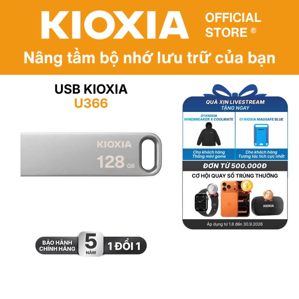 USB 3.2 KIOXIA TransMemory U366 64GB/128GB upto 200MB/s - Bảo hành 5 năm