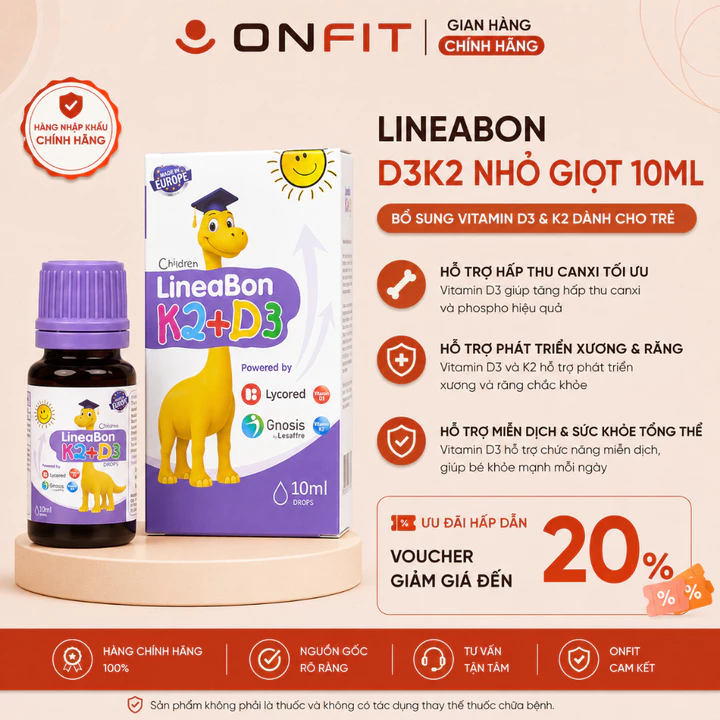 Siro D3 K2 LineaBon Tím Cho Bé (10ml) Bổ Sung D3 K2, Hỗ Trợ Hấp Thụ Canxi, Tăng Chiều Cao, Hệ Miễn Dịch,