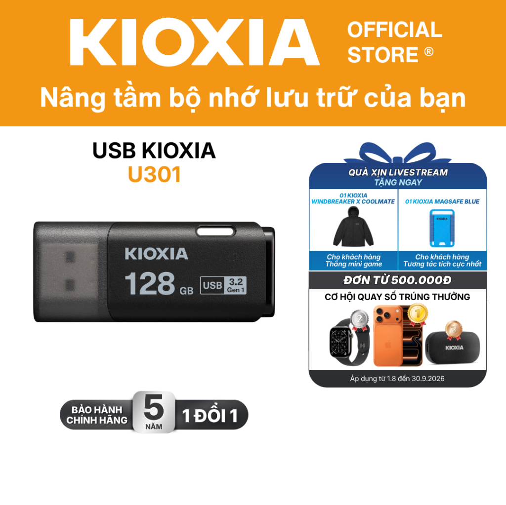 USB 3.2 KIOXIA TransMemory U301 32GB / 64GB / 128GB upto 100MB/s (Read) - Bảo hành 5 năm