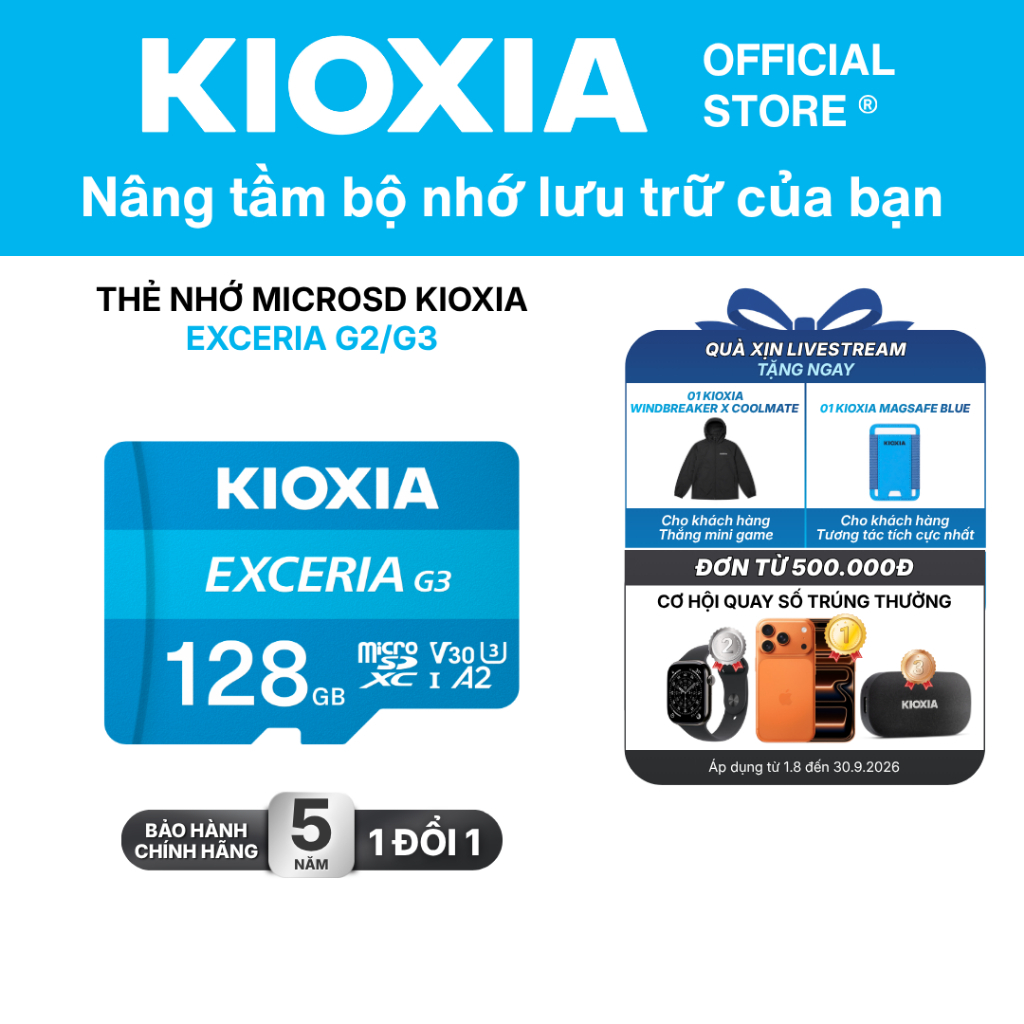 Thẻ nhớ MicroSD KIOXIA EXCERIA 128GB C10 UHS-I U3 V30 A1/A2 upto 160MB/s (Read) - Bảo hành 5 năm