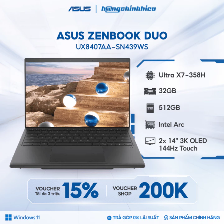 Laptop ASUS ZenBook DUO UX8407AA-SN439WS Ultra X7-358H | 32GB | 512GB | 2x 14' 3K OLED 144Hz Touch | Win 11