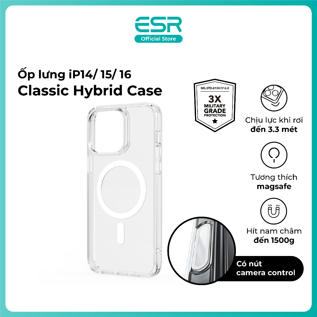 Ốp lưng ESR Classic Hybrid HaloLock cho iP14/15/16 mỏng nhẹ bảo vệ mạnh mẽ theo tiêu chuẩn quân đội sạc không dây