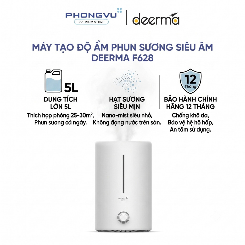 Máy Tạo Độ Ẩm Phun Sương Siêu Âm Deerma F628 - Dung Tích Lớn 5L, Hạt Sương Siêu Mịn, Chống Khô Da - Bảo Hành 12 Tháng