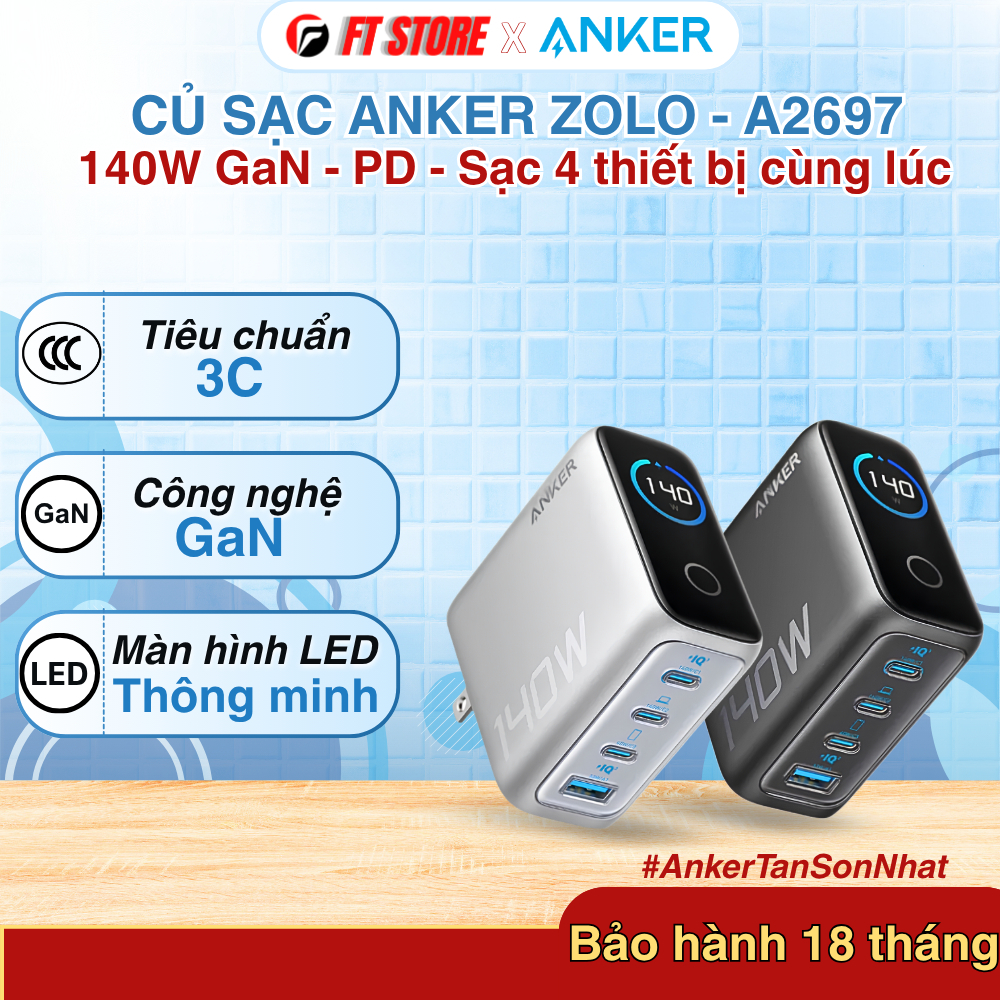 Củ sạc  Anker Zolo 140W GaN A2697, màn hình Smart LED, 3 cổng Type C, sạc nhanh PD, PPS 2.0 - BH18TH | BigBuy360 - bigbuy360.vn