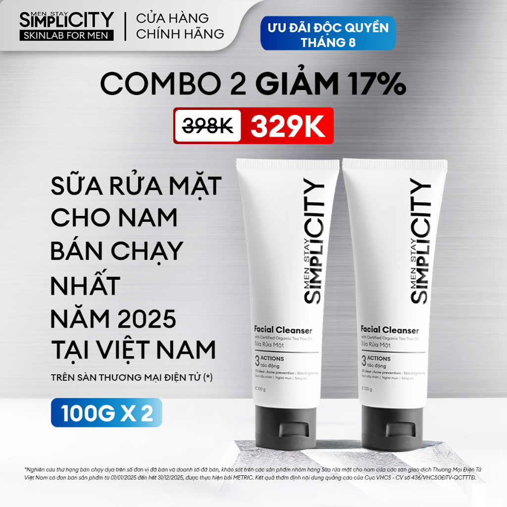 Combo 2 Sữa rửa mặt nam Men Stay Simplicity 3 tác động giúp sạch dầu nhờn, hỗ trợ ngừa mụn, sáng da 100gx2