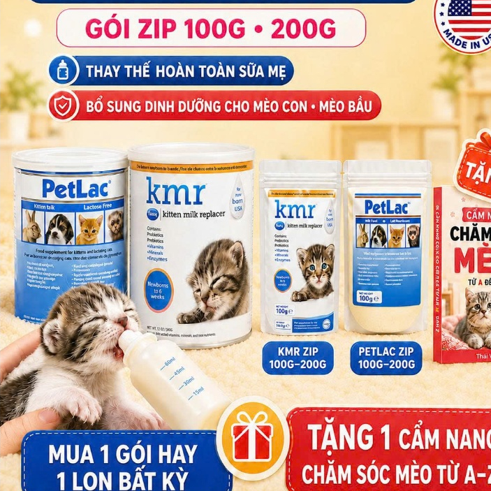 Sữa KMR cho mèo con, mèo bầu 100g  200g và Lon 340g Thay thế sữa mẹ bổ sung dinh dưỡng nhập Mỹ