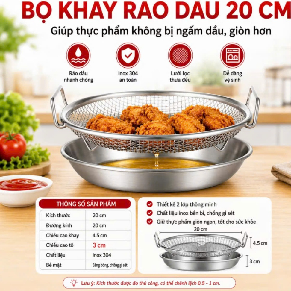 Bộ Khay Kèm Vỉ Lưới lọc dầu chất liệu inox đường kính 20cm, phù hợp sử dụng với nồi chiên không dầu