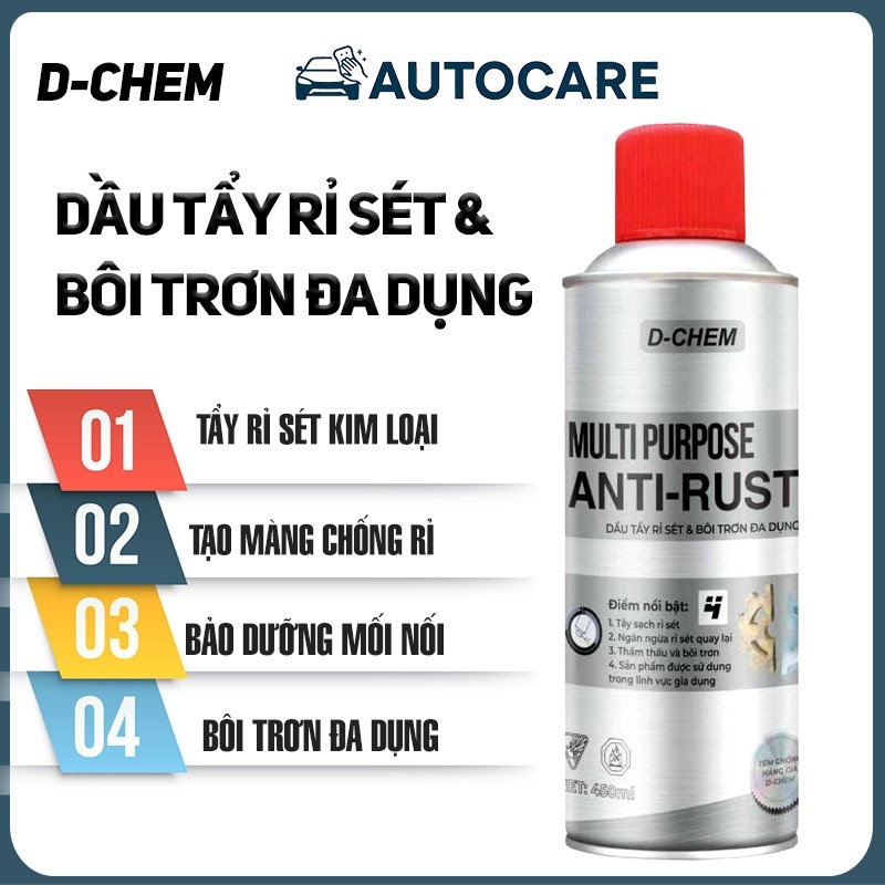 Chai Xịt Tẩy Rỉ Sét & Bôi Trơn Đa Dụng - D-CHEM AntiRust 450ml - Tẩy Rỉ Sét Kim Loại - Bôi Trơn - Bảo Vệ Bền Lâu