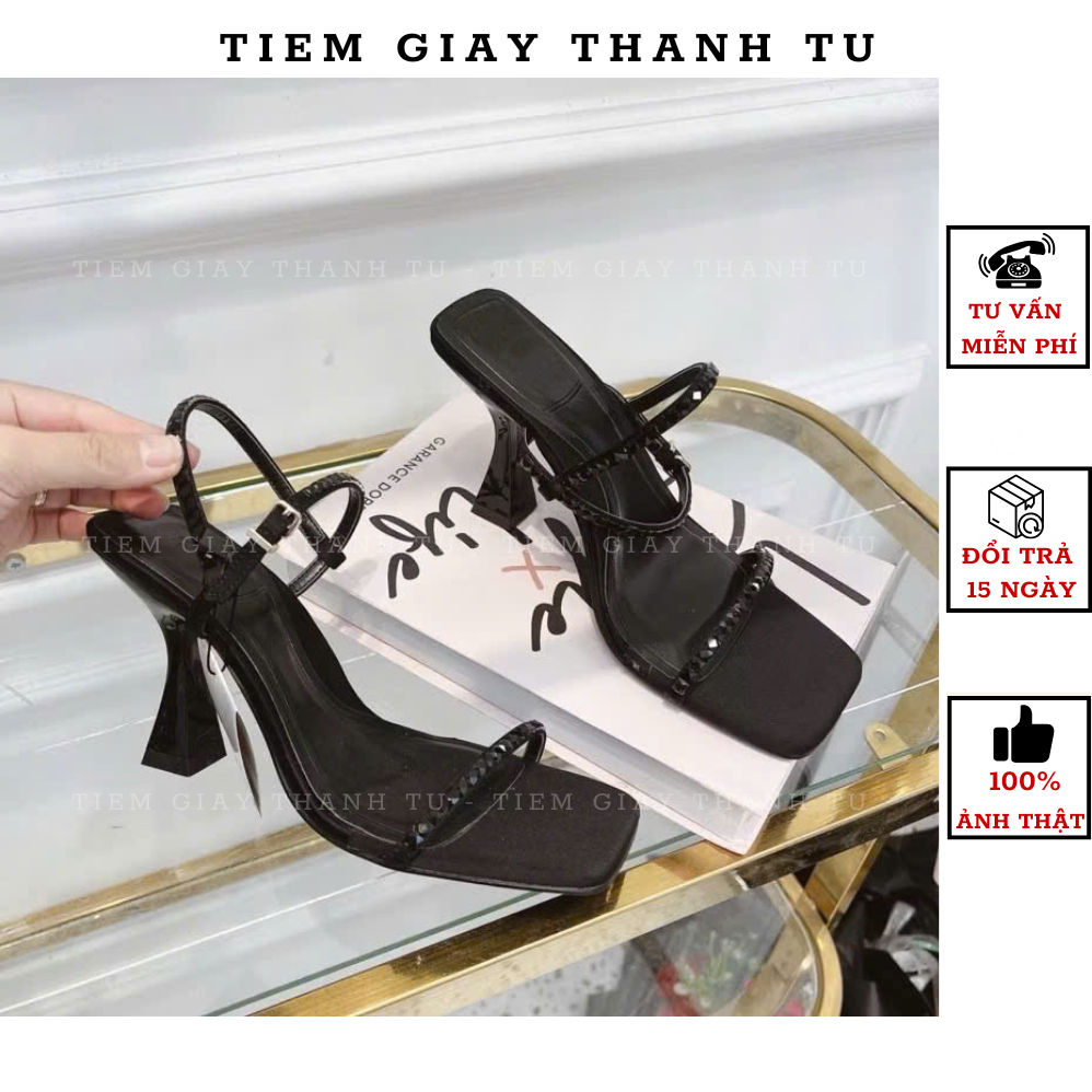 Sandal Nữ Mũi Vuông Quai Mảnh Đính Kim Đá Đen Gót Loe Sang Chảnh Hàng QC Fullbox