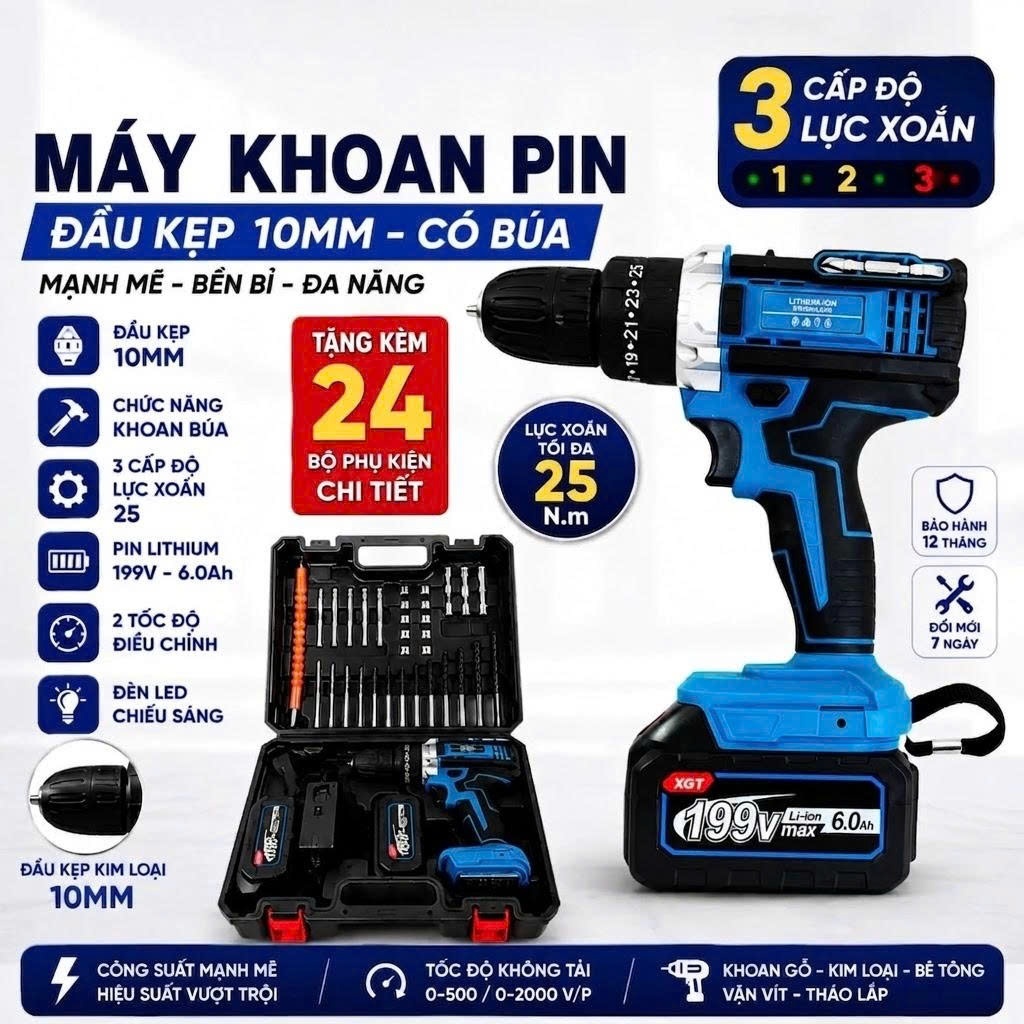 [Tặng 24 Phụ kiện] Máy Khoan Pin MAKITA 199v Không chổi than - Máy Bắt Vít Makita 199Vmax Không Chổi Than