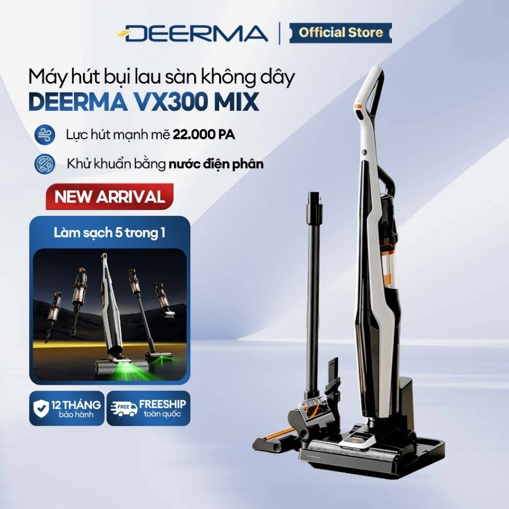 Máy hút bụi lau sàn Deerma VX300 Mix lực hút 22000pa, làm sạch 5 trong 1, kèm ánh sáng xanh - BH 12 tháng