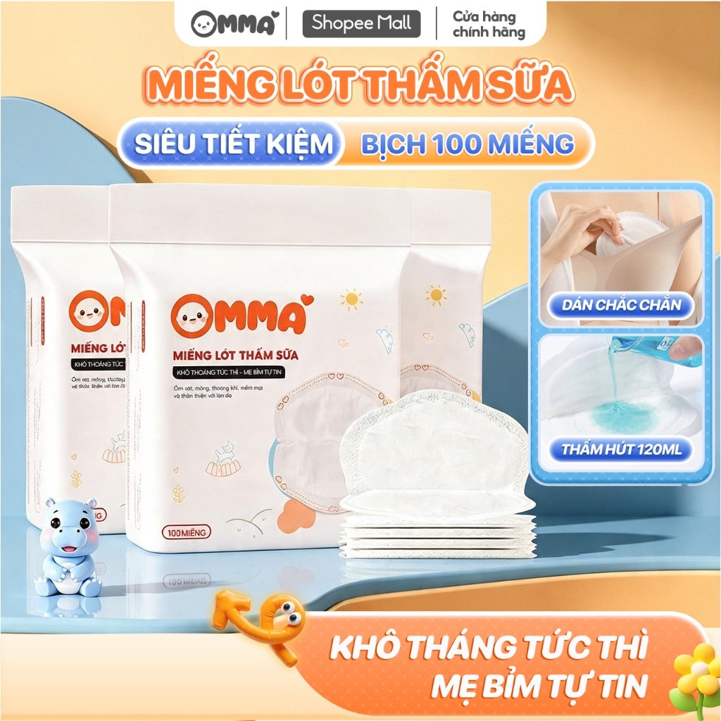 Bịch 100 miếng lót thấm hút sữa OMMA chống tràn tối đa, từ sợi organic an toàn lành tính