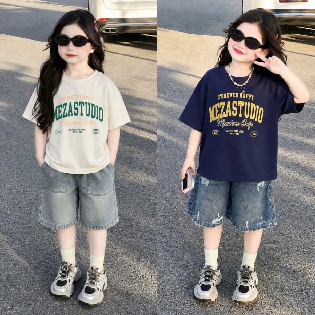 Set Bộ Bé Gái Áo Thun Cotton In Chữ MEZA + Quần Jean Ngố Thời Trang Cho Bé Gái 20-50KG - M91