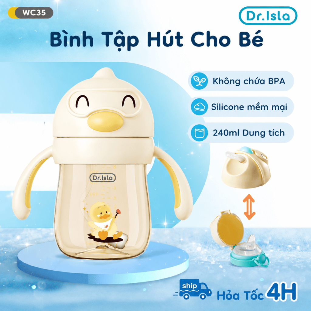Bình tập uống nước cho bé Dr.Isla 240ml Chất Liệu PPSU, Kèm 2 Loại Vòi Uống, Không BPA, An Toàn Và Tiện Lợi WC35