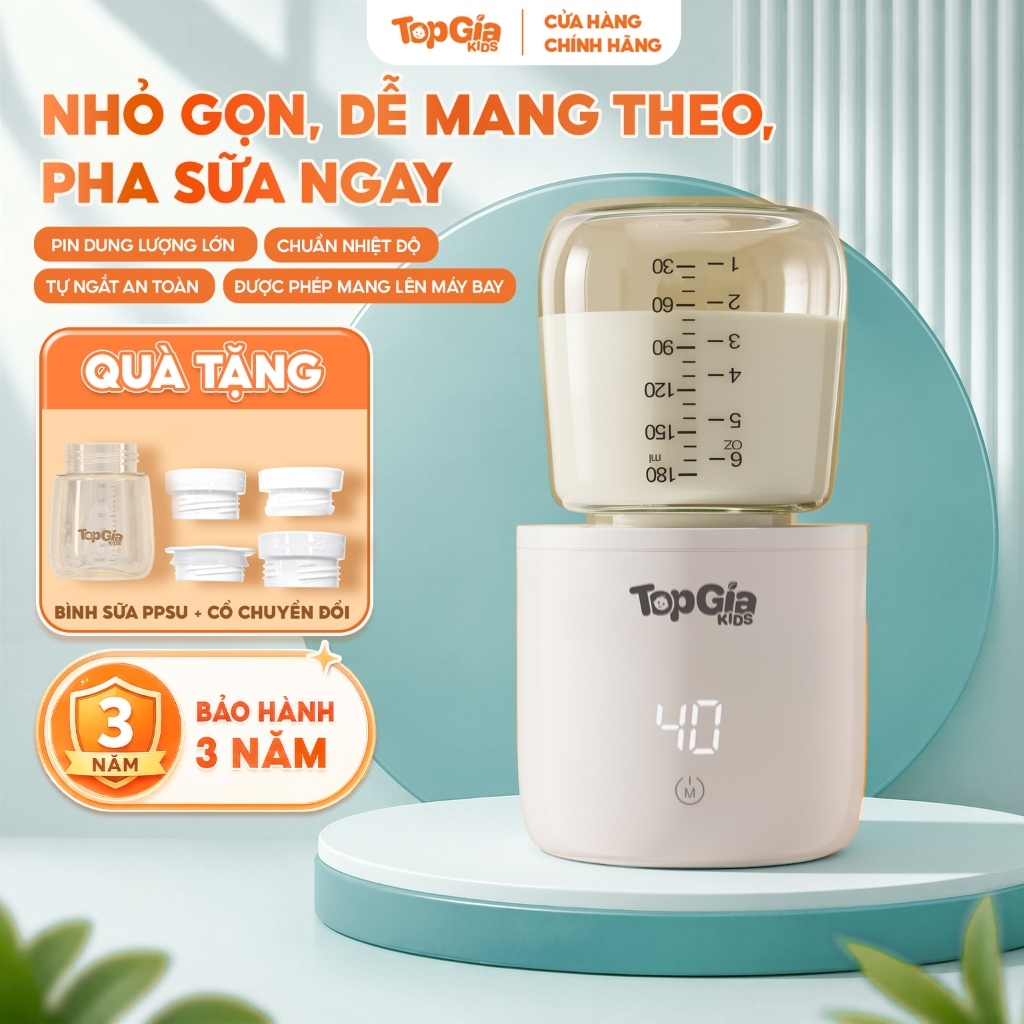 Máy hâm sữa mini cầm tay không dây T1-01 TopGiaKids kèm 4 cổ nối tiện lợi phù hợp với nhiều loại bình