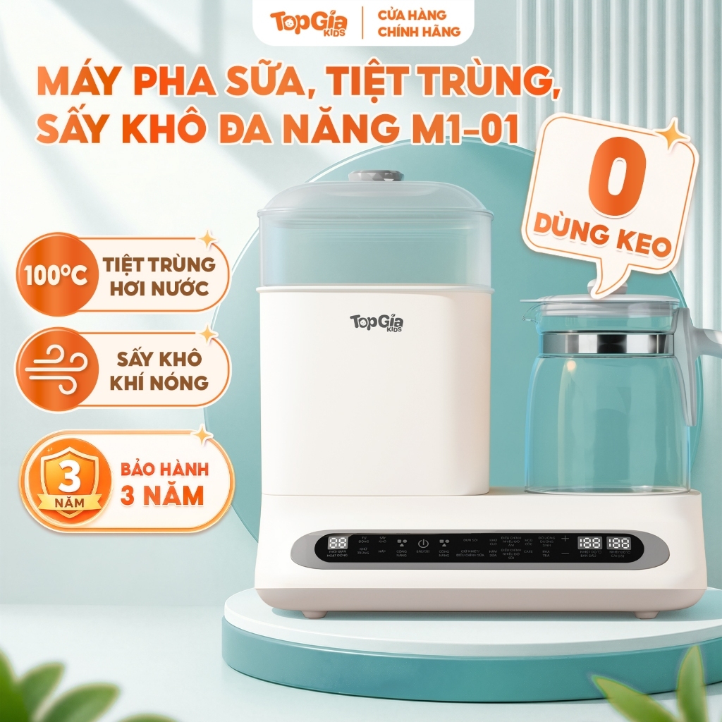 (Ưu đãi độc quyền) Máy đun nước pha sữa, tiệt trùng hơi nước TopGiaKids M1-01, hâm sữa nhanh, Bảo hành 3 năm