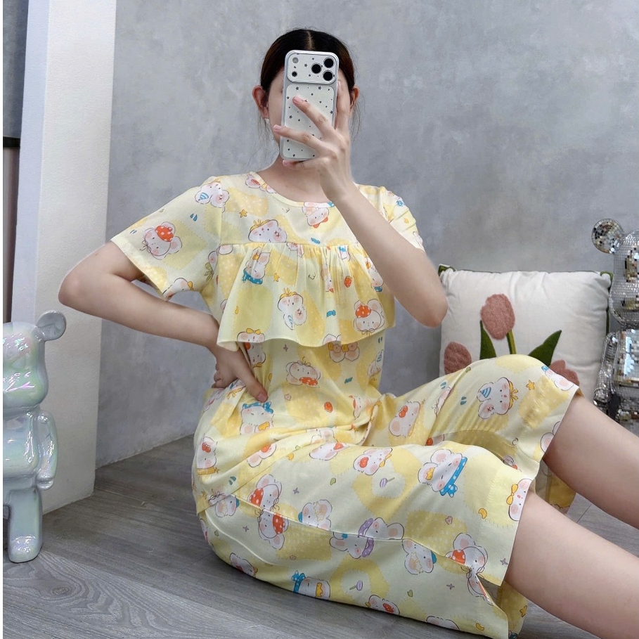 Đồ bộ tole, bộ lanh mặc nhà quần lửng, áo tay ngắn có bèo ngực SHOP5SAO (43-75kg) | BigBuy360 - bigbuy360.vn