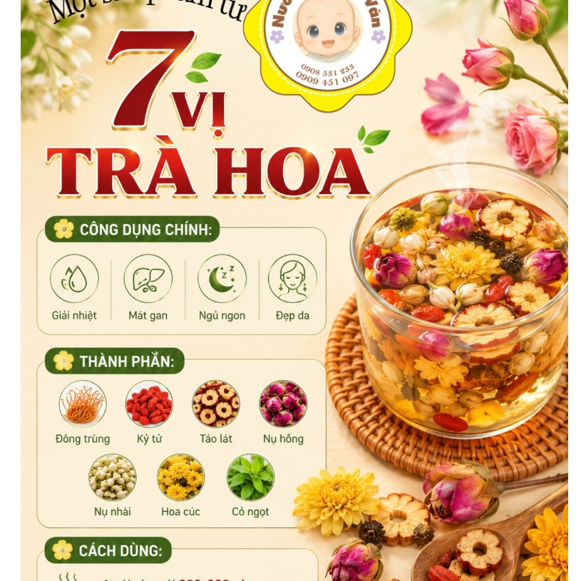 Trà hoa 7 vị giải nhiệt,mát gan,giúp ngủ ngon với đông trùng,táo đỏ,kỷ tử,nụ hồng,hoa nhài,hoa cúc,cỏ ngọt