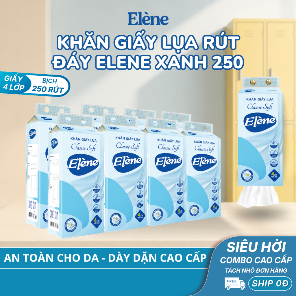 COMBO 6/10 BỊCH Khăn Giấy Lụa Rút Đáy Elene 250 Lần Rút 4 Lớp Mềm Mịn, Tiện Lợi, An Toàn (Giấy rút cỡ nhỏ)