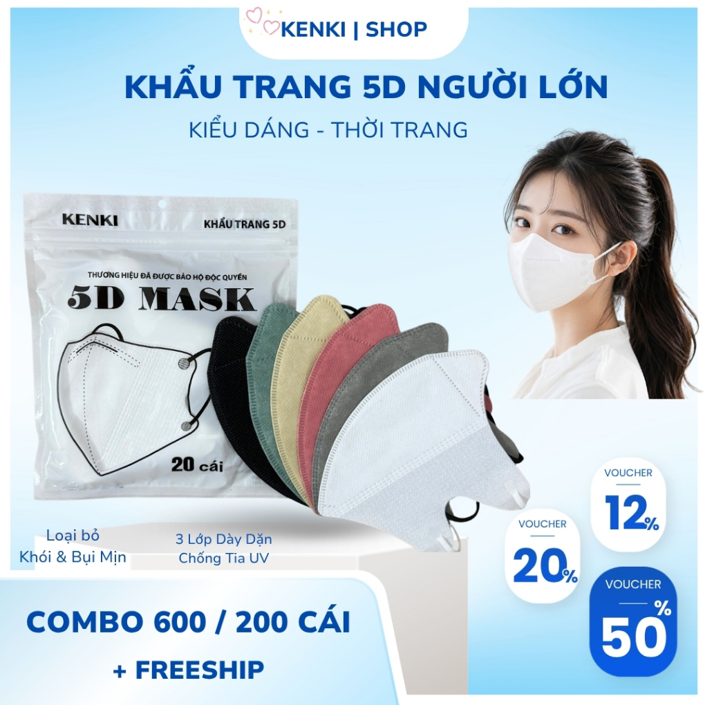 Combo 600 Cái Khẩu Trang 5D KENKI Chính hãng kháng khuẩn cao cấp, Chống tia UV