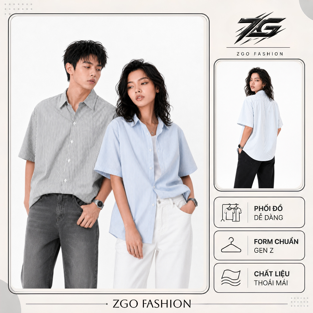 Áo sơ mi nam tay ngắn ZGO áo sơ mi kẻ sọc form unisex vải cotton oxford dày dặn 3 màu AKS10