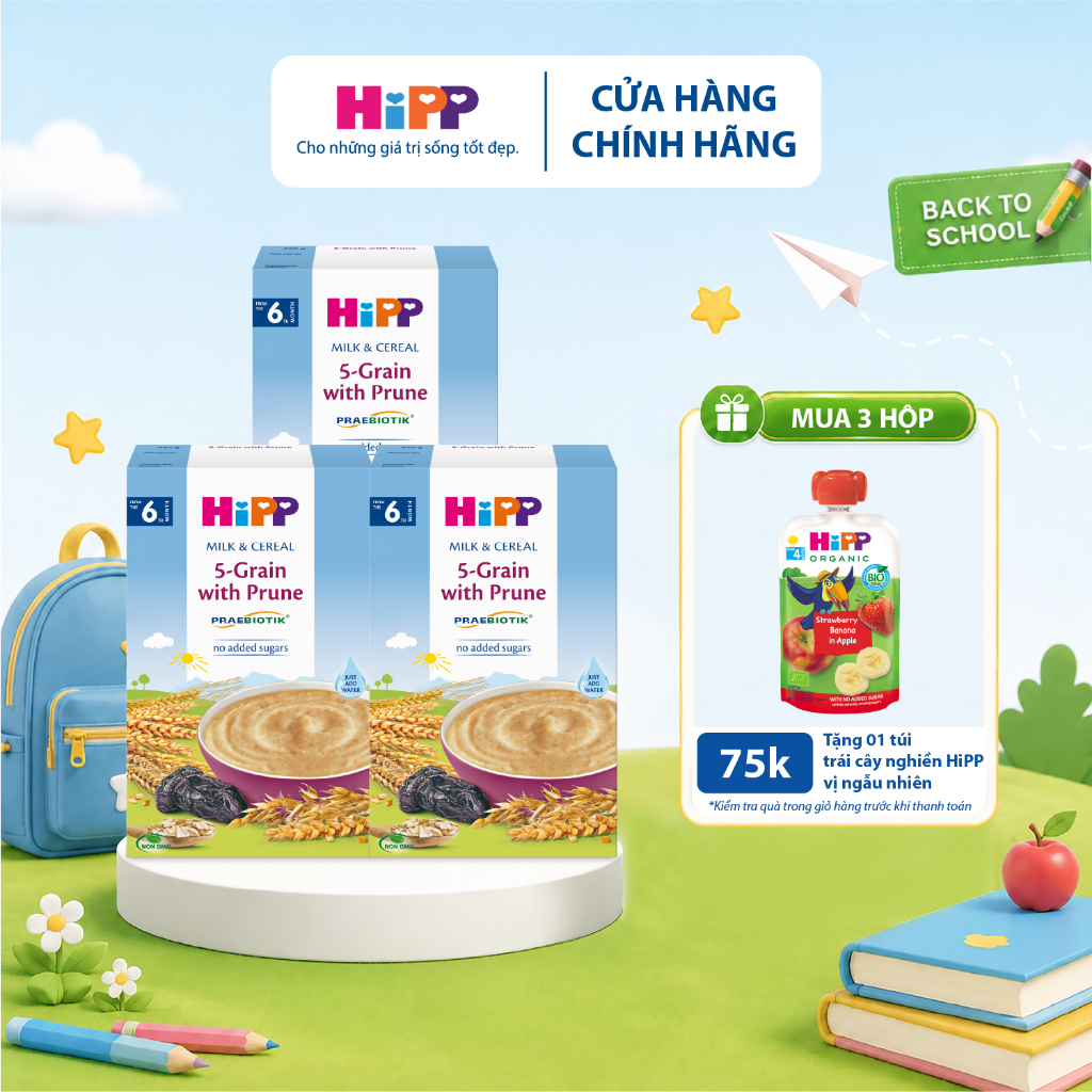 Bột ăn dặm dinh dưỡng Sữa, Ngũ cốc hoa quả tổng hợp - Mận Tây HiPP Organic 250g